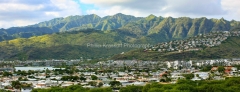 Town of Hawaii Kai at base of Koolau Mountain Range.